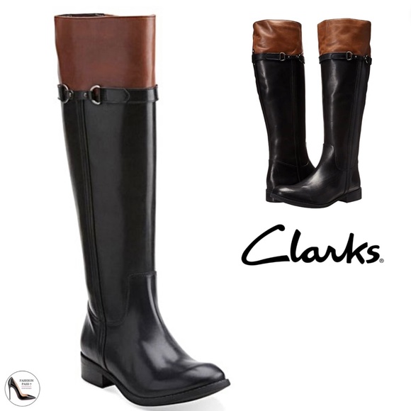 Clarks Women's Pita Topeka Black Brown Leather Waterproof Knee High Riding Boots - Picture 1 of 8